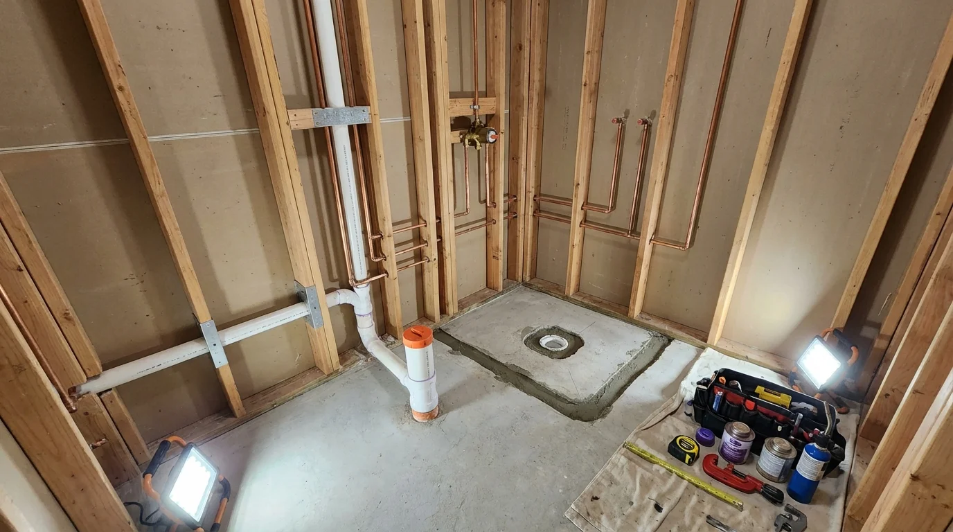 Bathroom rough-in plumbing during remodel by Johns Plumbing LLC in Corpus Christi