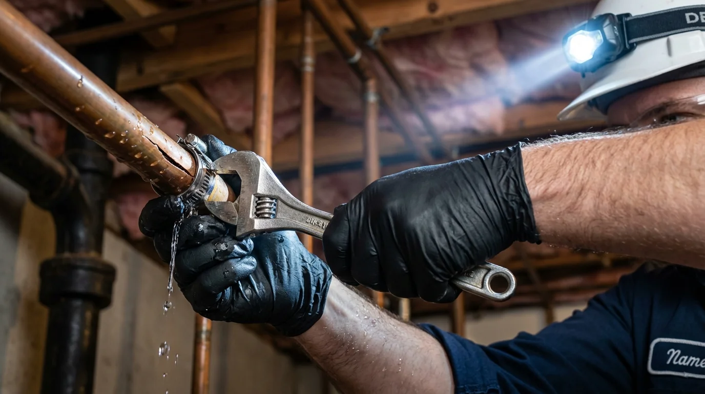 Emergency pipe clamp repair being performed by a Johns Plumbing LLC plumber in Corpus Christi