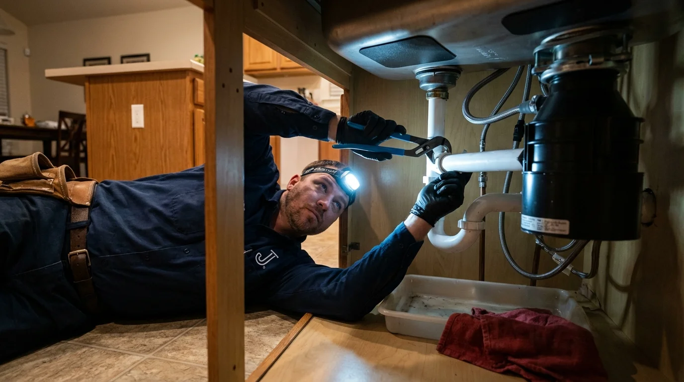P-trap and supply line connections under a kitchen sink showing a common leak point in Corpus Christi, TX